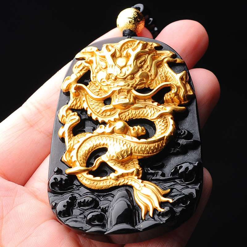 Good Luck Dragon Obsidian Pendant Necklace | 18k Gold-Plated Jewelry by Buddha Stones