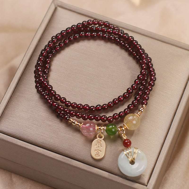 Buddha Stones Natural Garnet Strawberry Quartz Crystal Fox Koi Fish Peace Buckle Fortune Protection Triple Wrap Bracelet Bracelet BS 9