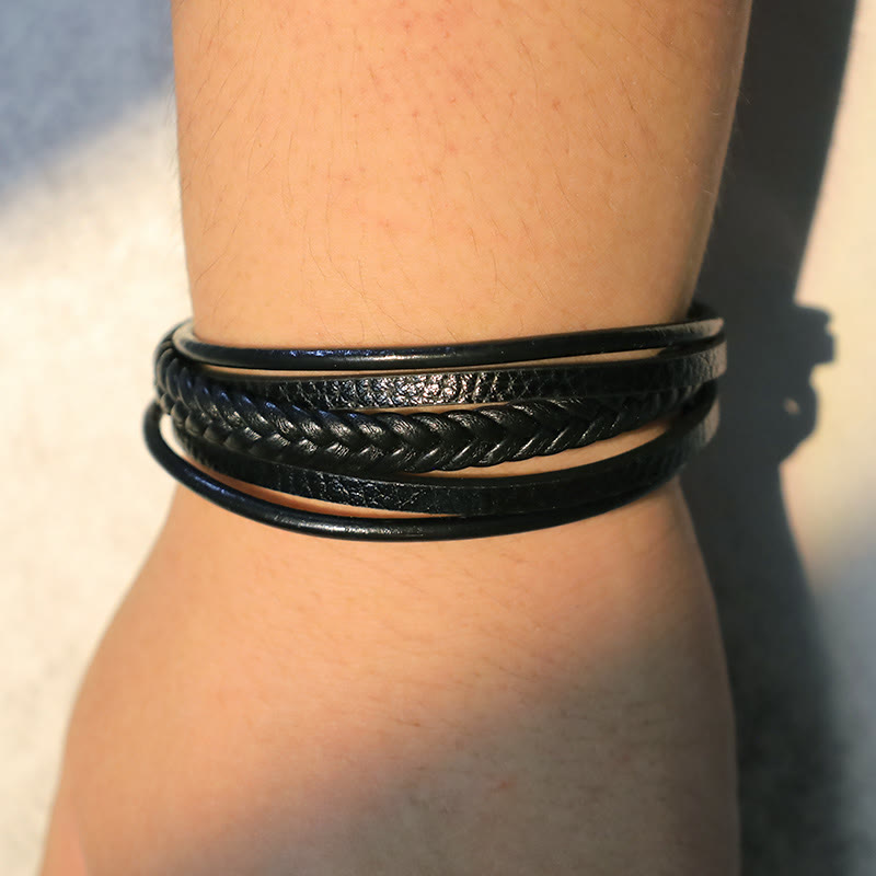 Buddha Stones Natural Lava Rock Black Onyx Bead Leather Bracelet Bracelet BS 16