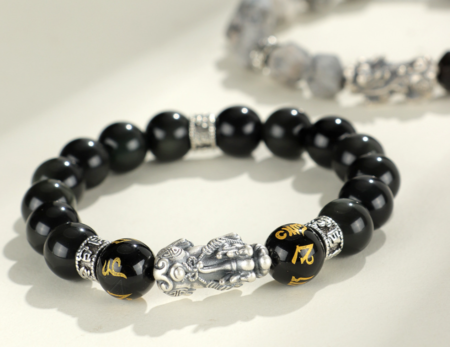 Huaxia Treasures Natural Black Obsidian Pixiu Feng Shui Wealth Bracelet