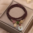 Buddha Stones Natural Garnet Strawberry Quartz Crystal Fox Koi Fish Peace Buckle Fortune Protection Triple Wrap Bracelet Bracelet BS 14