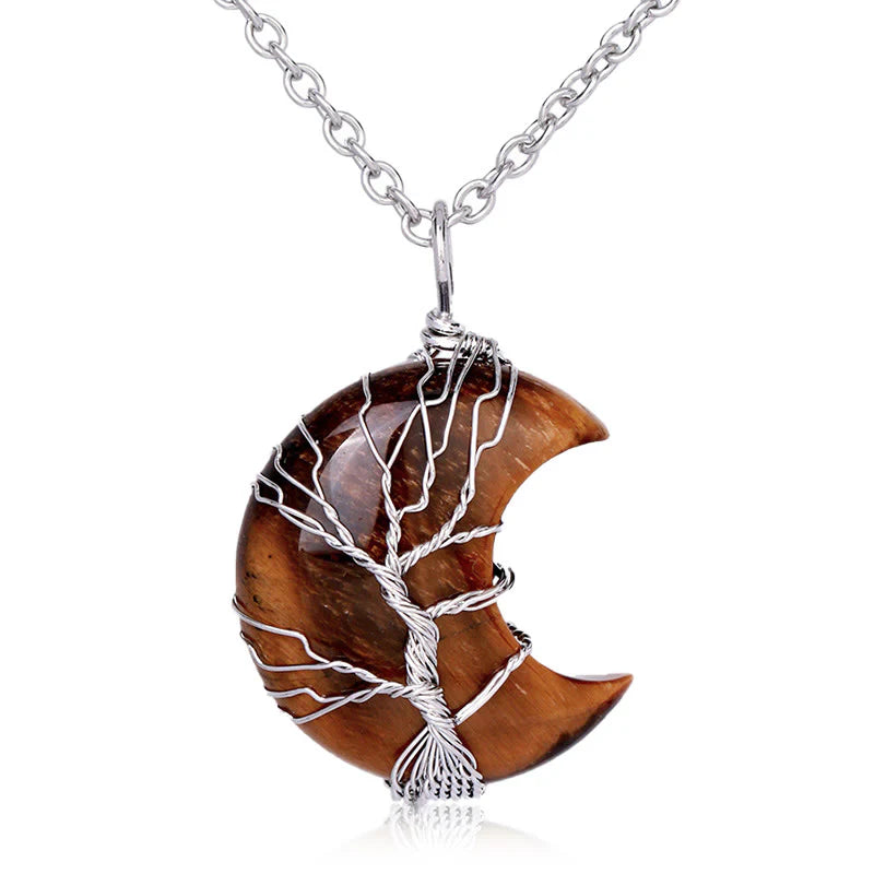 Huaxia Treasures Moon & Heart-on-Tree Necklace - Amethyst, Moonstone & Rose Quartz Options