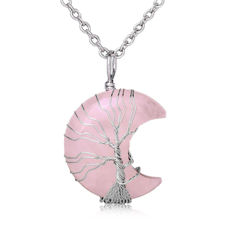 Huaxia Treasures Moon & Heart-on-Tree Necklace - Amethyst, Moonstone & Rose Quartz Options