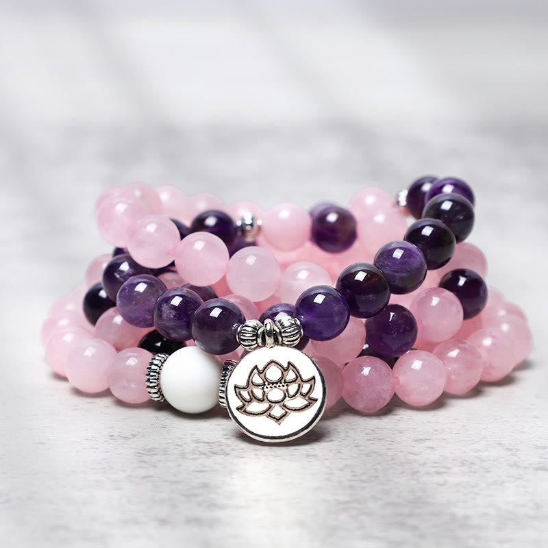 Buddha Stones Natural Rose Quartz & Amethyst Mala Bead Lotus Pendant Bracelet Bracelet BS Lotus Pendant