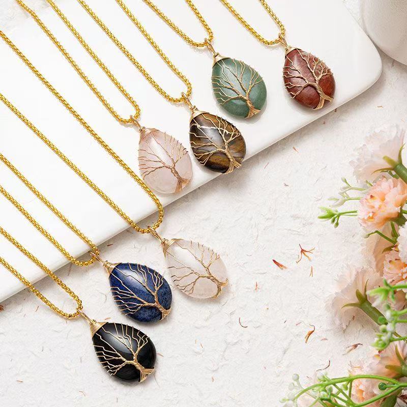 Huaxia Treasures Heart & Tree Trunk Necklace - Amethyst/Black Obsidian/Rose Quartz Options