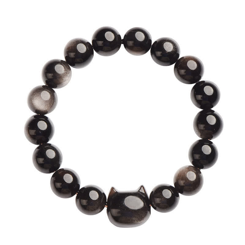Buddha Stones Gold Sheen Obsidian Silver Sheen Obsidian Lovely Paw Lucky Cat Protection Bracelet Bracelet BS 29