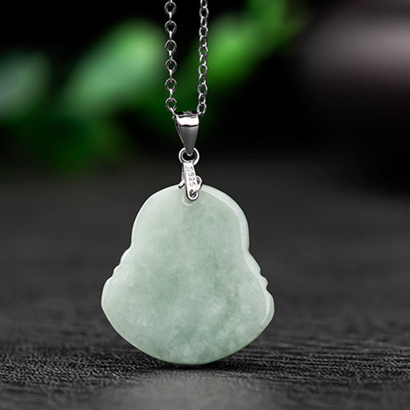Buddha Stones 925 Sterling Silver Laughing Buddha Jade Blessing Necklace Chain Pendant Necklaces & Pendants BS 6