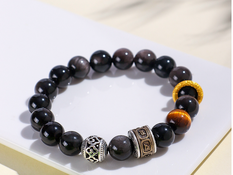 Huaxia Treasures Natural Black Obsidian OM MANI PADME HUM Spiritual Bracelet