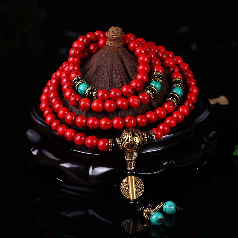 Buddha Stones Tibetan Mala Red Turquoise Lucky Necklace Bracelet Mala Bracelet BS 8mm*108