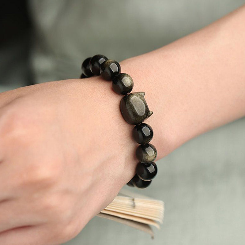 Buddha Stones Gold Sheen Obsidian Silver Sheen Obsidian Lovely Paw Lucky Cat Protection Bracelet Bracelet BS 10