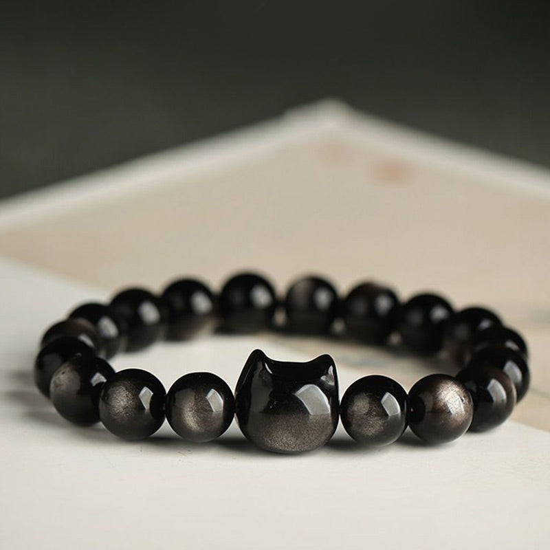 Buddha Stones Gold Sheen Obsidian Silver Sheen Obsidian Lovely Paw Lucky Cat Protection Bracelet Bracelet BS 13