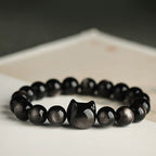 Buddha Stones Gold Sheen Obsidian Silver Sheen Obsidian Lovely Paw Lucky Cat Protection Bracelet Bracelet BS 13