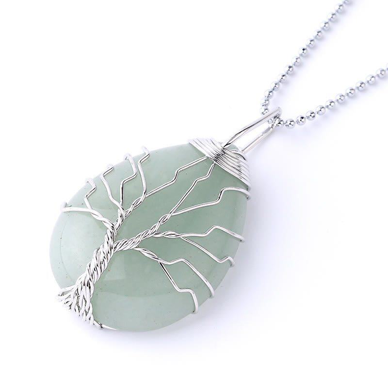 Buddha Stones Natural Quartz Crystal Tree Of Life Healing Energy Necklace Pendant Necklaces & Pendants BS Green Aventurine Silver Tree