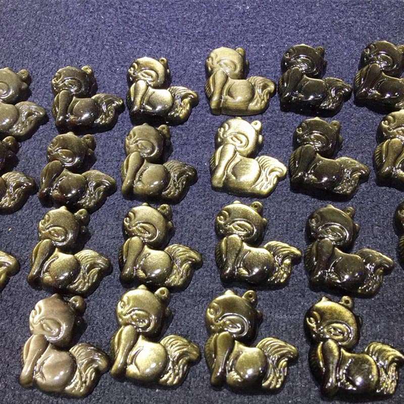 Buddha Stones Natural Rainbow Obsidian Gold Sheen Obsidian Nine Tailed Fox Positive Necklace Pendant Necklaces & Pendants BS 18