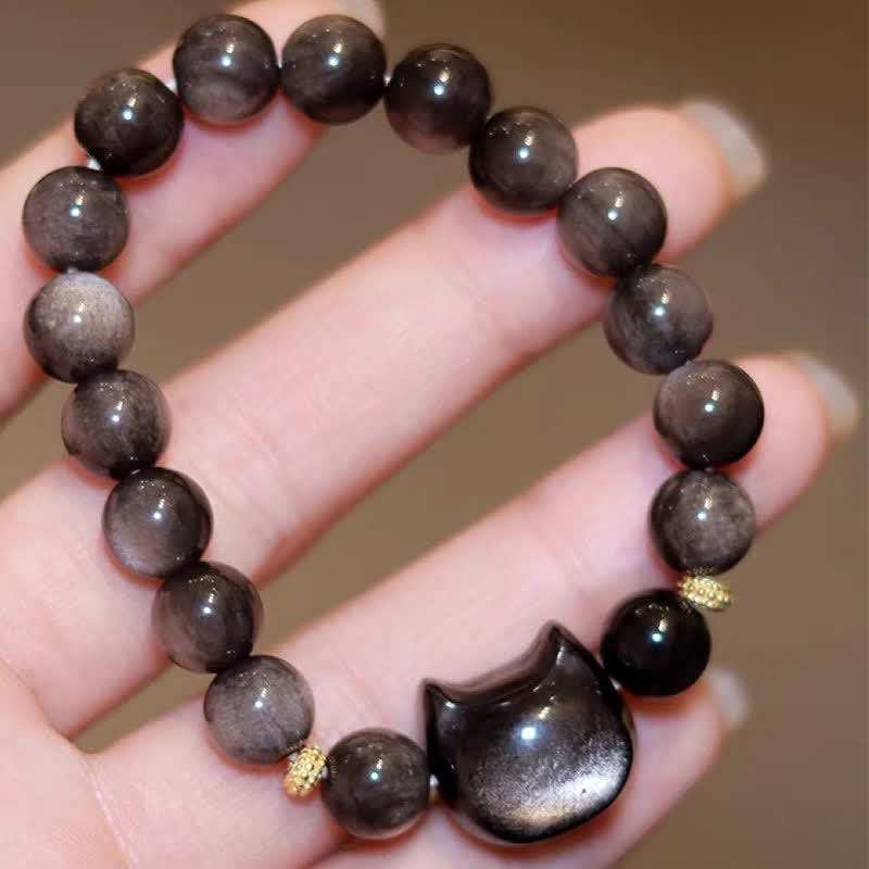 Buddha Stones Gold Sheen Obsidian Silver Sheen Obsidian Lovely Paw Lucky Cat Protection Bracelet Bracelet BS 35