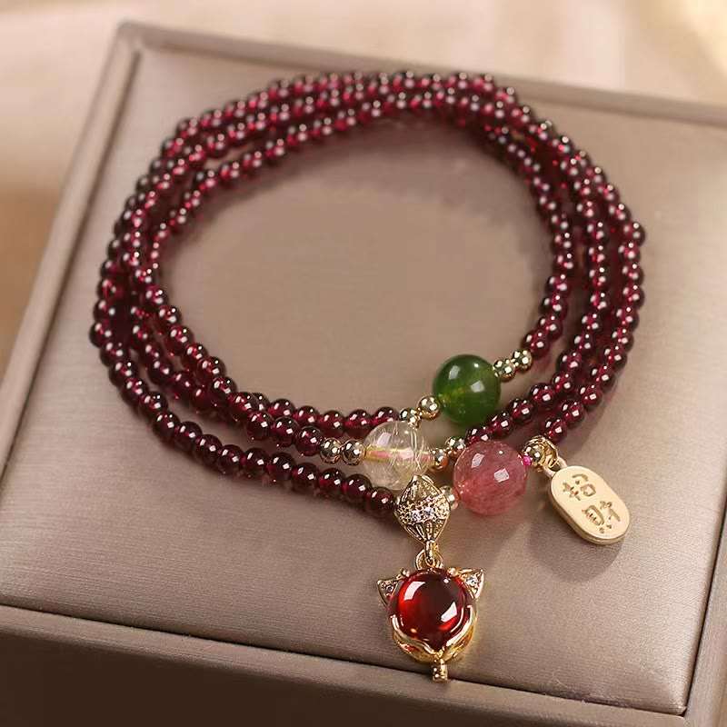 Buddha Stones Natural Garnet Strawberry Quartz Crystal Fox Koi Fish Peace Buckle Fortune Protection Triple Wrap Bracelet Bracelet BS 2