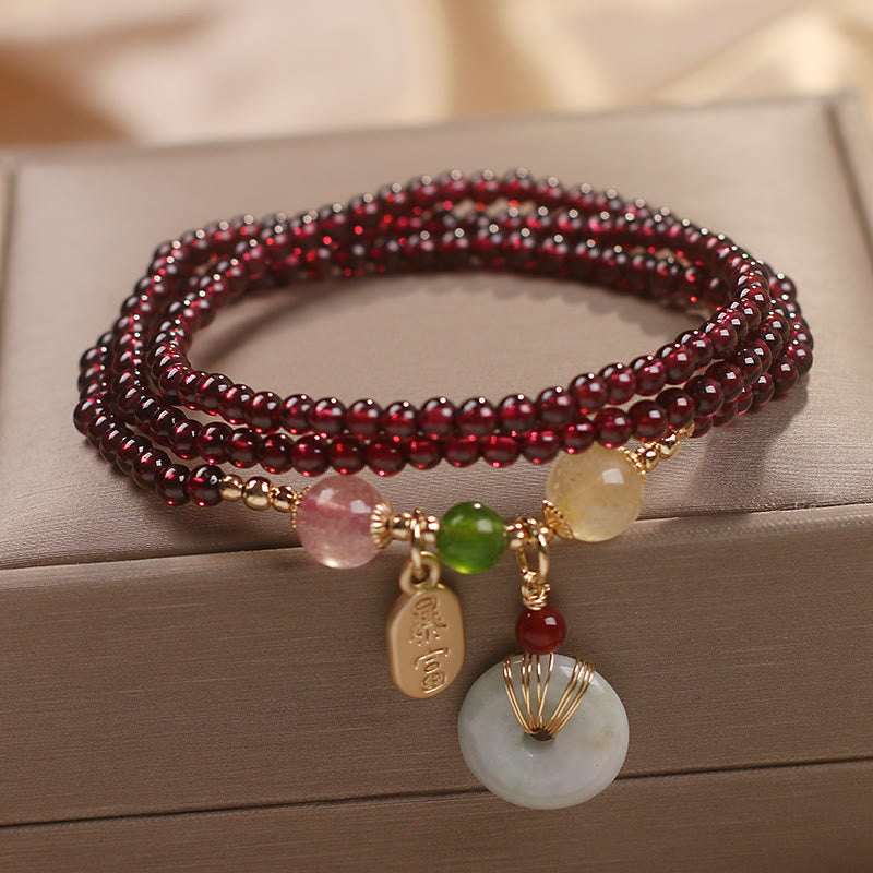 Buddha Stones Natural Garnet Strawberry Quartz Crystal Fox Koi Fish Peace Buckle Fortune Protection Triple Wrap Bracelet Bracelet BS 13