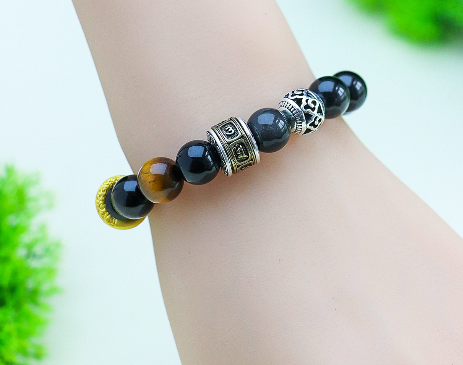 Huaxia Treasures Natural Black Obsidian OM MANI PADME HUM Spiritual Bracelet