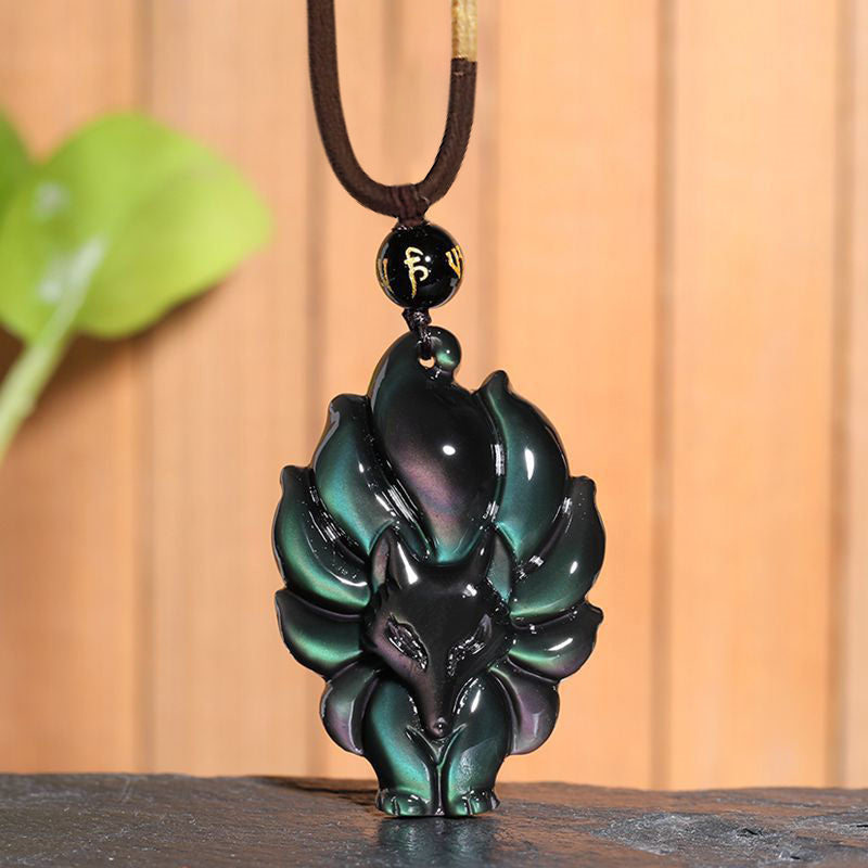 Buddha Stones Natural Rainbow Obsidian Gold Sheen Obsidian Nine Tailed Fox Positive Necklace Pendant Necklaces & Pendants BS Rainbow Obsidian Nine Tailed Fox