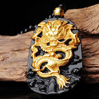 Good Luck Dragon Obsidian Pendant Necklace | 18k Gold-Plated Jewelry by Buddha Stones