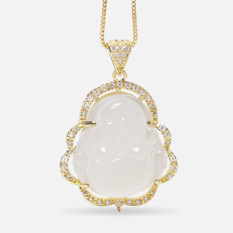 Buddha Stones Good Luck Laughing Buddha Necklace Necklaces & Pendants BS A-Laughing Buddha-Golden/White