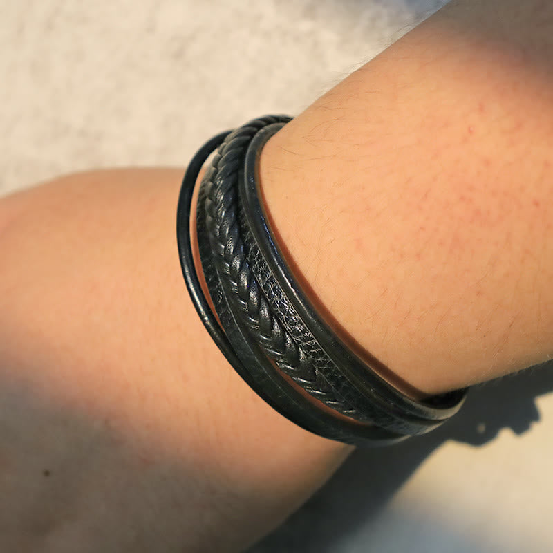 Buddha Stones Natural Lava Rock Black Onyx Bead Leather Bracelet Bracelet BS 15