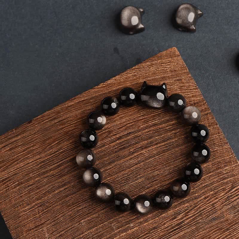 Buddha Stones Gold Sheen Obsidian Silver Sheen Obsidian Lovely Paw Lucky Cat Protection Bracelet Bracelet BS 27