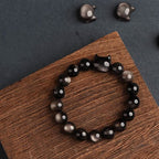 Buddha Stones Gold Sheen Obsidian Silver Sheen Obsidian Lovely Paw Lucky Cat Protection Bracelet Bracelet BS 27