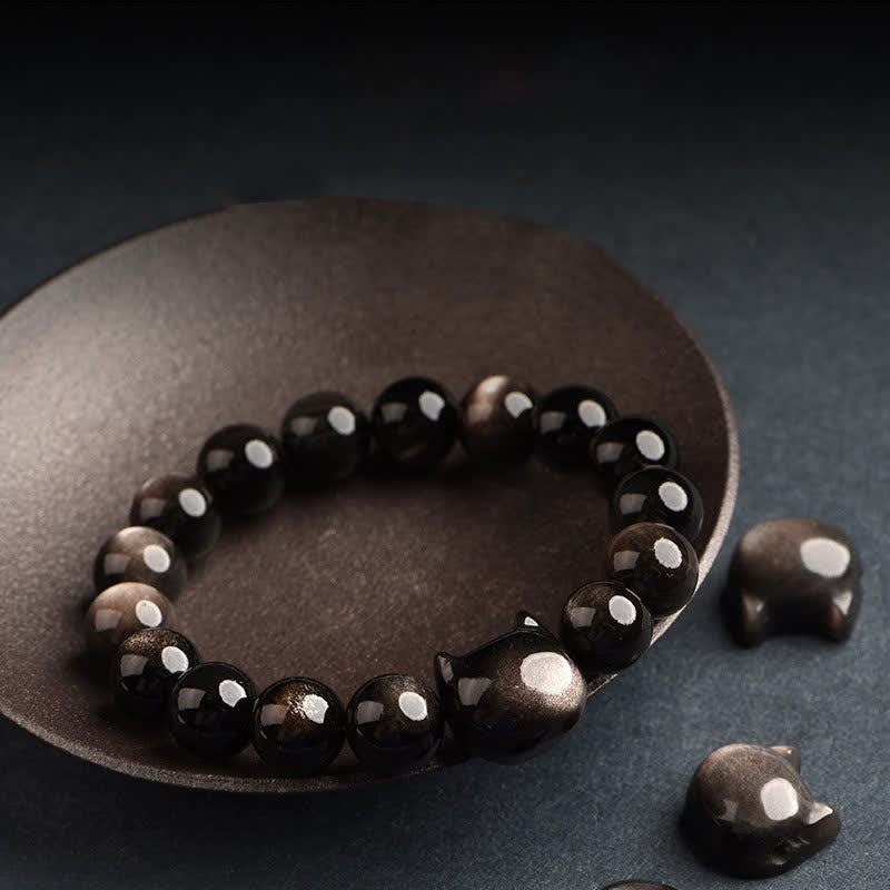Buddha Stones Gold Sheen Obsidian Silver Sheen Obsidian Lovely Paw Lucky Cat Protection Bracelet Bracelet BS 26