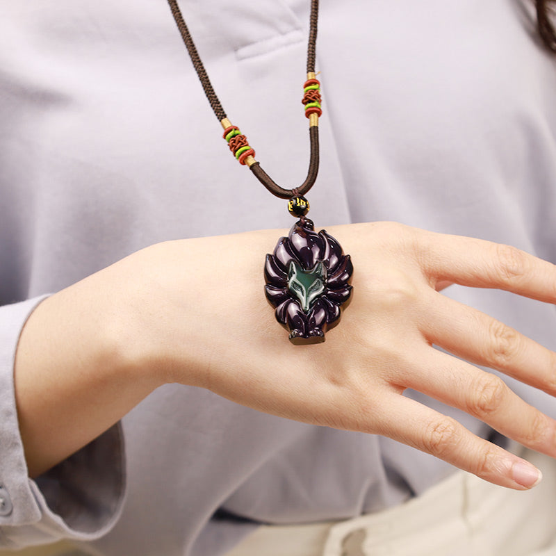 Buddha Stones Natural Rainbow Obsidian Gold Sheen Obsidian Nine Tailed Fox Positive Necklace Pendant Necklaces & Pendants BS 6
