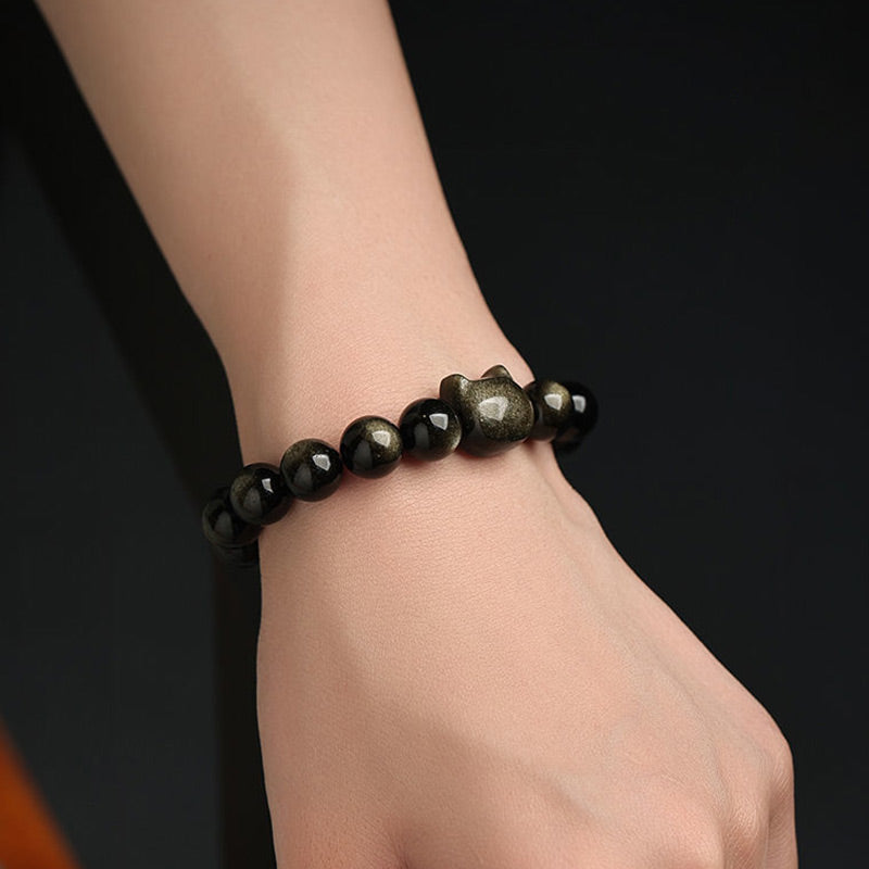 Buddha Stones Gold Sheen Obsidian Silver Sheen Obsidian Lovely Paw Lucky Cat Protection Bracelet Bracelet BS 11