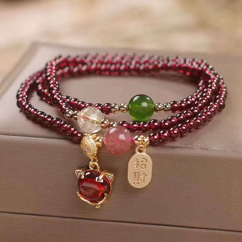 Buddha Stones Natural Garnet Strawberry Quartz Crystal Fox Koi Fish Peace Buckle Fortune Protection Triple Wrap Bracelet Bracelet BS 3
