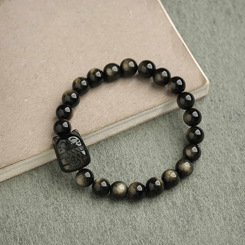 Buddha Stones Gold Sheen Obsidian Silver Sheen Obsidian Lovely Paw Lucky Cat Protection Bracelet Bracelet BS Gold Sheen Obsidian Lucky Cat 8mm