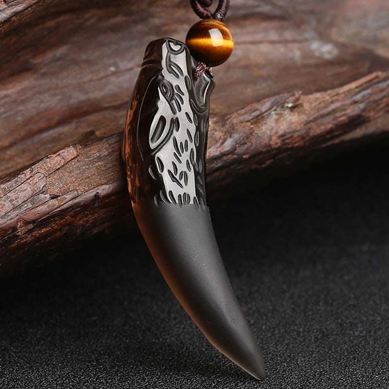 Buddha Stones Natural Ice Obsidian Wolf Tooth Pattern Courage Necklace Pendant Necklaces & Pendants BS 6