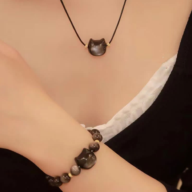 Buddha Stones Gold Sheen Obsidian Silver Sheen Obsidian Lovely Paw Lucky Cat Protection Bracelet Bracelet BS 39