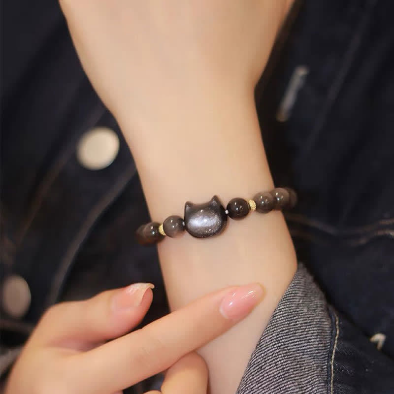 Buddha Stones Gold Sheen Obsidian Silver Sheen Obsidian Lovely Paw Lucky Cat Protection Bracelet Bracelet BS 34