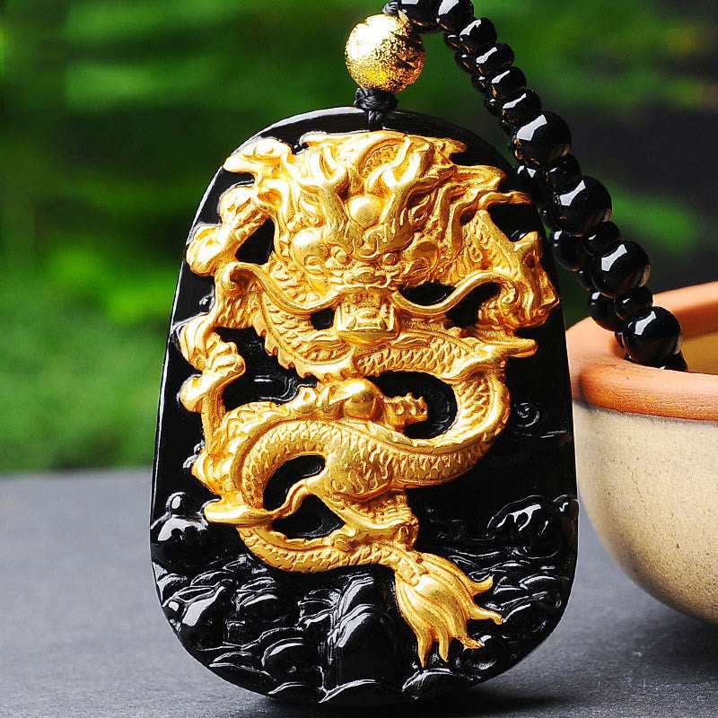 Good Luck Dragon Obsidian Pendant Necklace | 18k Gold-Plated Jewelry by Buddha Stones