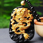 Good Luck Dragon Obsidian Pendant Necklace | 18k Gold-Plated Jewelry by Buddha Stones