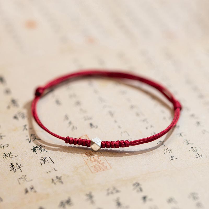 Buddha Stones 925 Sterling Silver Luck Bead Protection Red String Braided Bracelet Bracelet BS Square Bead Dark Red(Wrist Circumference 14-18cm)