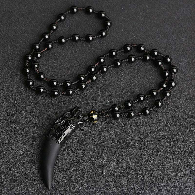 Buddha Stones Natural Ice Obsidian Wolf Tooth Pattern Courage Necklace Pendant Necklaces & Pendants BS 63*14mm Ice Obsidian&Black Bead Chain