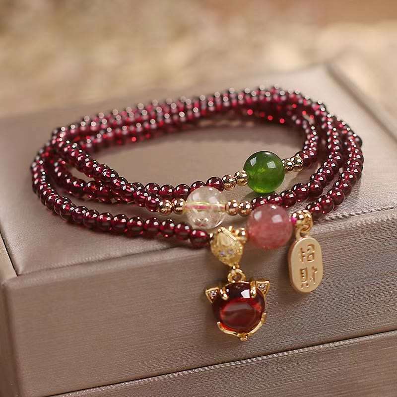 Buddha Stones Natural Garnet Strawberry Quartz Crystal Fox Koi Fish Peace Buckle Fortune Protection Triple Wrap Bracelet Bracelet BS Garnet&Fox