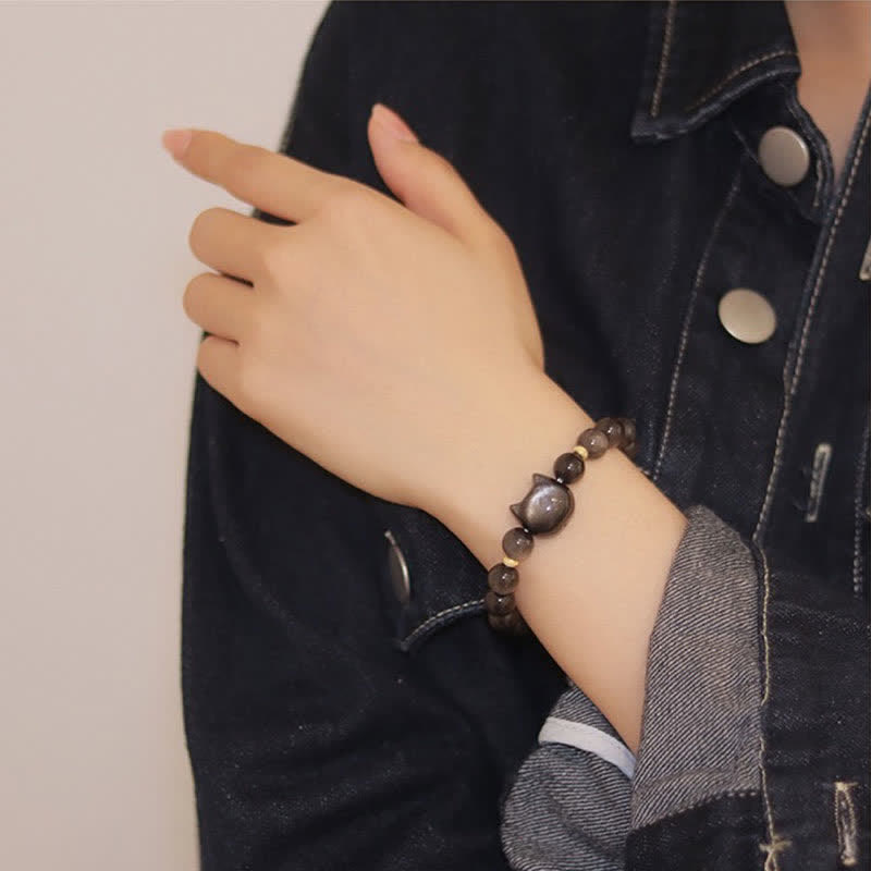 Buddha Stones Gold Sheen Obsidian Silver Sheen Obsidian Lovely Paw Lucky Cat Protection Bracelet Bracelet BS 32