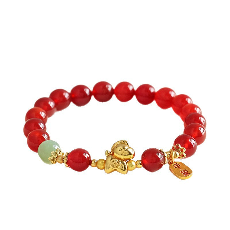 Huaxia Treasures Natural Black Obsidian/Carnelian & Jade Bead Chinese Zodiac Horse Bracelet
