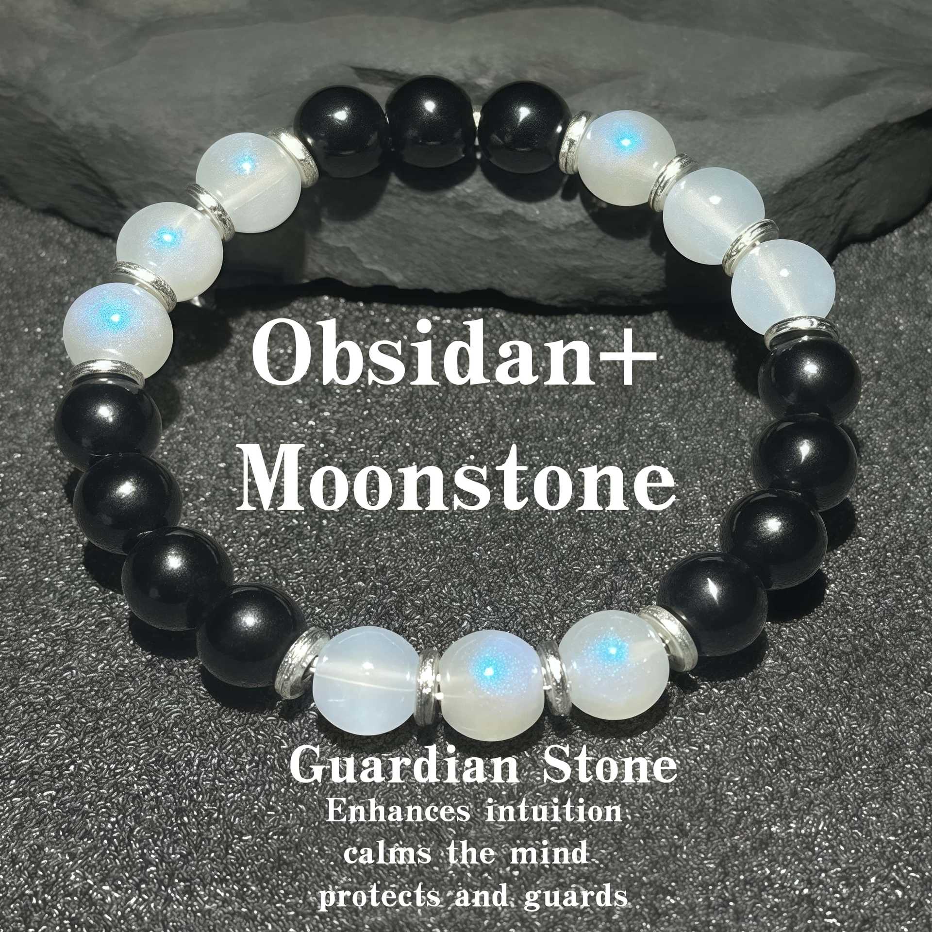 Huaxia Treasures Obsidian & Moonstone Bracelet - Protection & Serenity Energized Jewelry