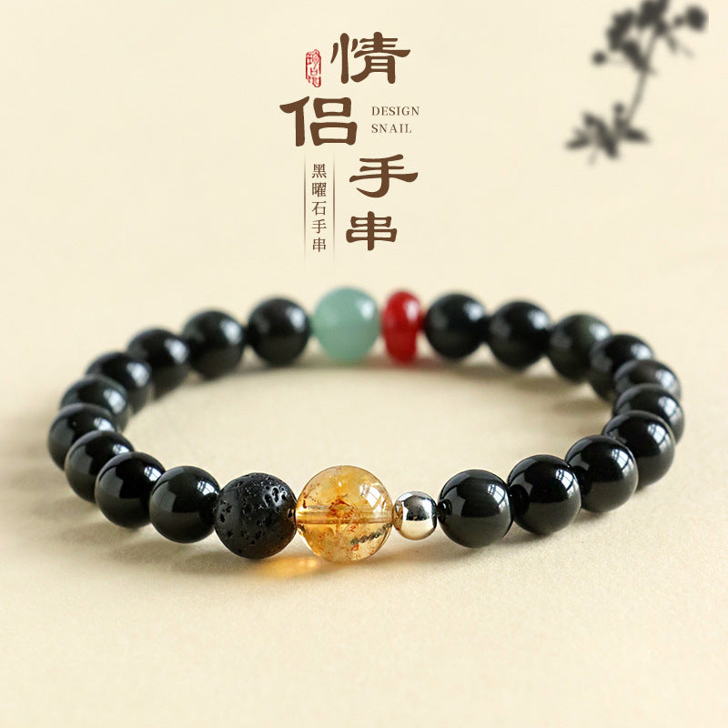 Huaxia Treasures Couple Bracelet - Black Obsidian & Citrine Gemstone Matching Set