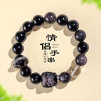 Huaxia Treasures Natural Black Obsidian & Cat's Eye Lion Dance Bead Feng Shui Bracelet