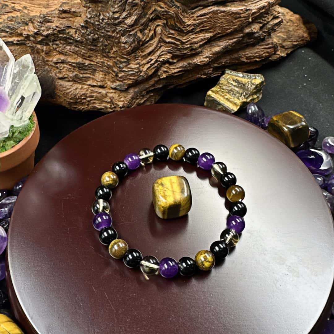 Huaxia Treasures Fortune & Protection Bracelet - Tiger Eye, Obsidian & Amethyst Blend