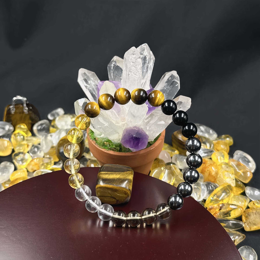 Huaxia Treasures Wealth & Success Bracelet - Tiger Eye, Black Obsidian & Smoky Quartz
