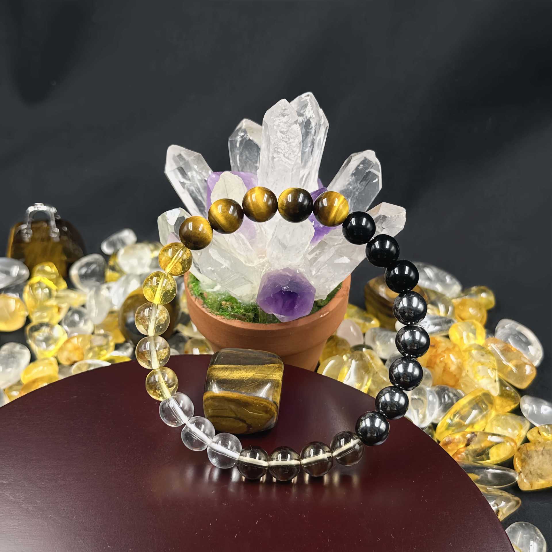 Huaxia Treasures Wealth & Success Bracelet - Tiger Eye, Black Obsidian & Smoky Quartz