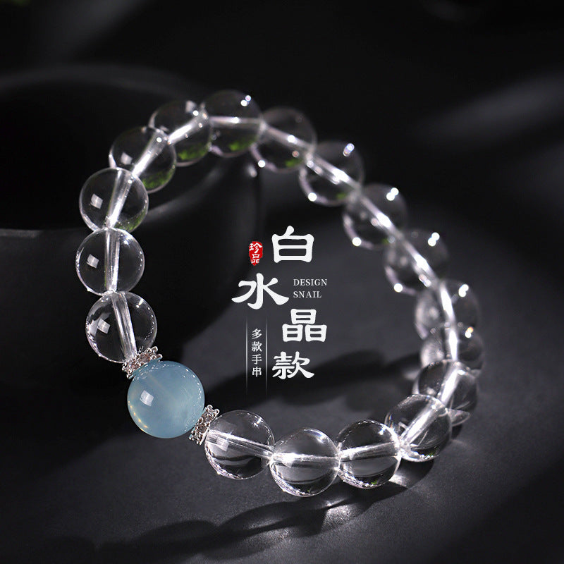 Huaxia Treasures Natural Clear Quartz Bracelet with Aquamarine Bead Accent